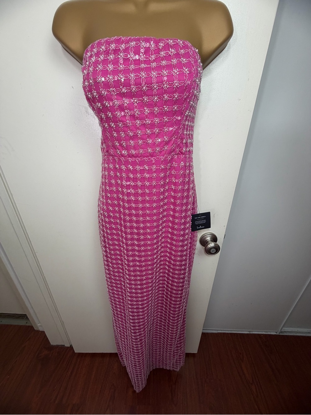 Perfectly Pink Luxurious Mesh Pearl Sequin Strapless Column Maxi Dress NWT Sz S - Picture 5 of 16